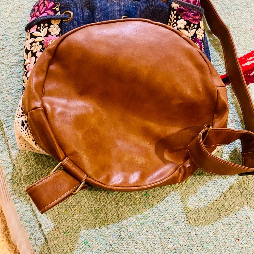 Claire's Denim Backpack with Lace and Floral Embroidery - Picture 5 of 12